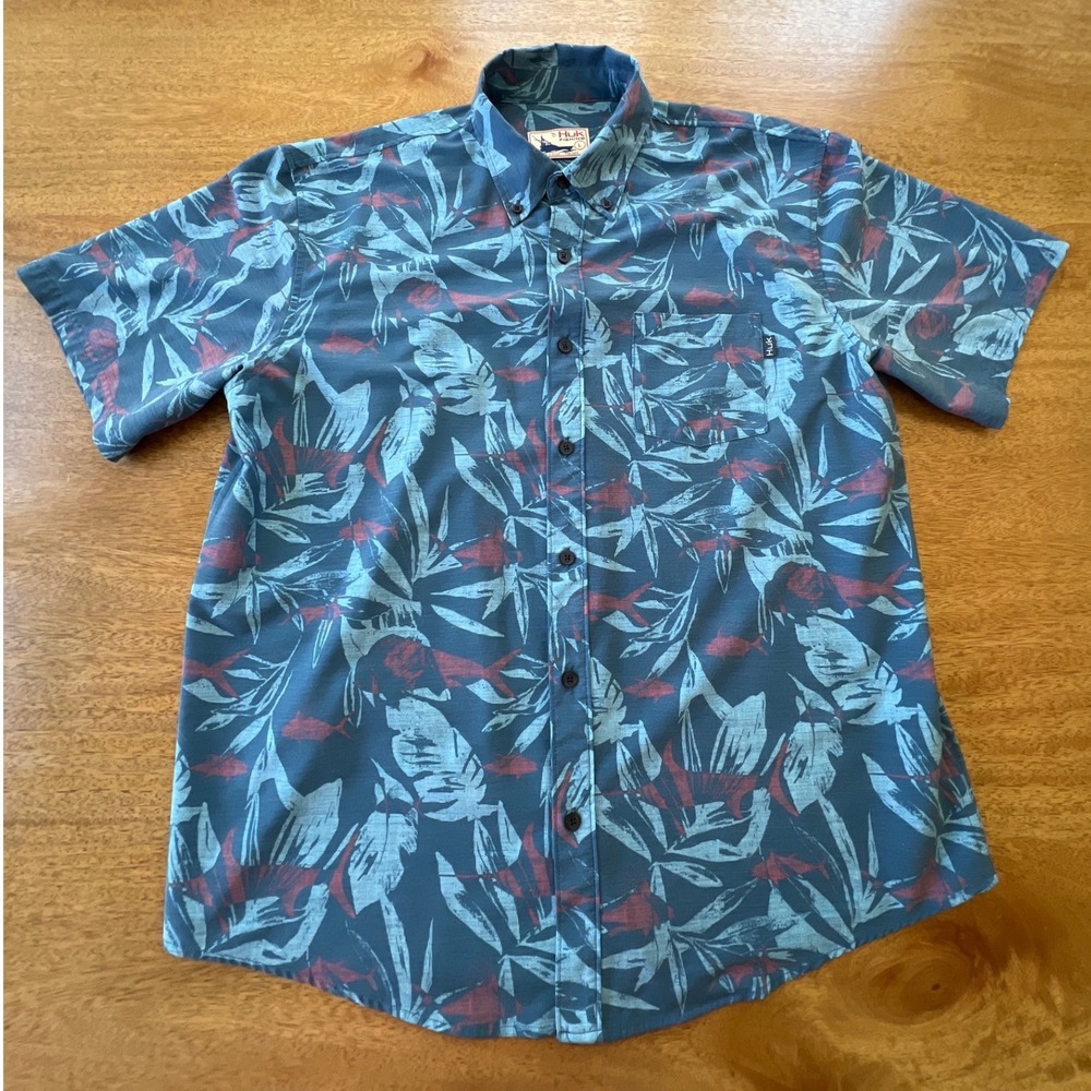 Huk Fishing Mens Large Blue Red Tropical Leaf Fish Print Short Sleeve Button Dwn